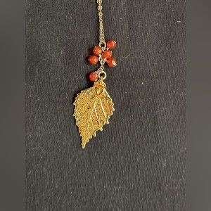 14K Solid Yellow Gold Filled Leaf & Genuine Garnet Beads Necklace